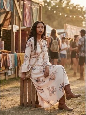 Free People Wild Laurel Floral Maxi Dress Pink Boho Bell Sleeve Maxi M